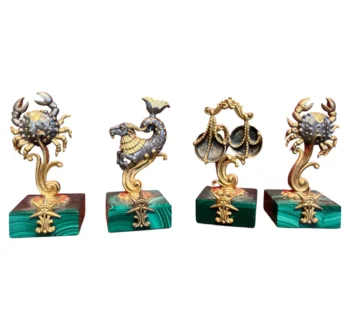 Set di Quattro Portabiglietti da Visita con Segni dello Zodiaco in Argento 800 Dorato con Malachite
